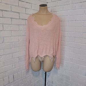 Light Pink Distressed V-Neck Sweater - Main Strip - Size M/M
